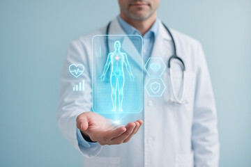 AI generated A doctor shows a floating hologram of a human body with medical icons and digital data in a futuristic interface on a clean soft blue background