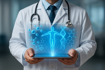 AI generated a doctor presenting a glowing human body hologram with molecules and DNA around in a futuristic medical setting expressing innovation and advanced health analysis