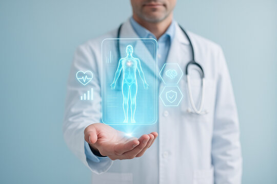 AI generated A doctor shows a floating hologram of a human body with medical icons and digital data in a futuristic interface on a clean soft blue background