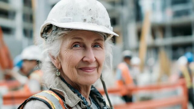 Woman Architect with her work: A seasoned woman architect, stands at the forefront of her construction, wearing a helmet, with her gaze fixed.