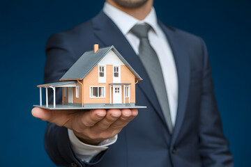 Holding a miniature house, a businessman presents a new real estate investment opportunity with care, offering a tangible dream home.