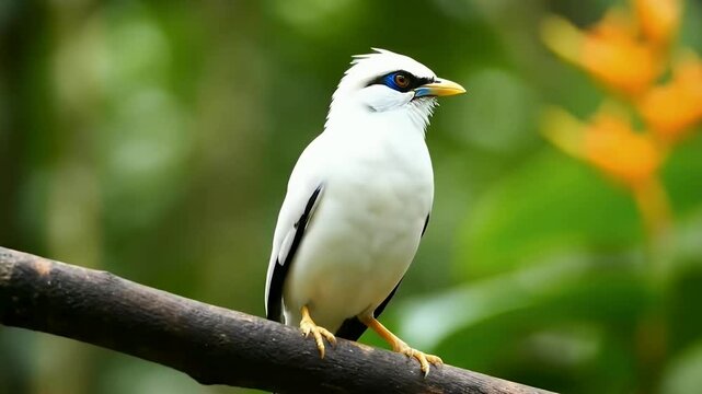 A striking white bird perched gracefully on a branch, showcasing its elegant plumage and vibrant surroundings.