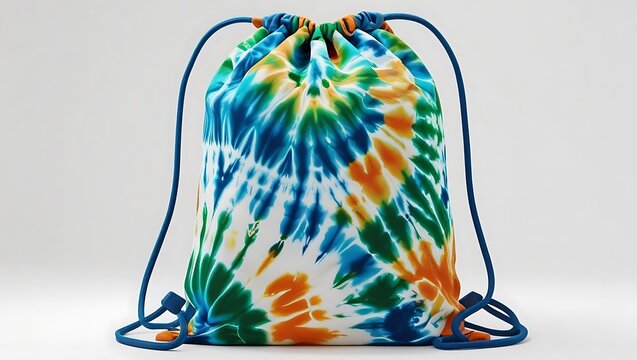 Vibrant tie dye drawstring bag with blue cords on a white background