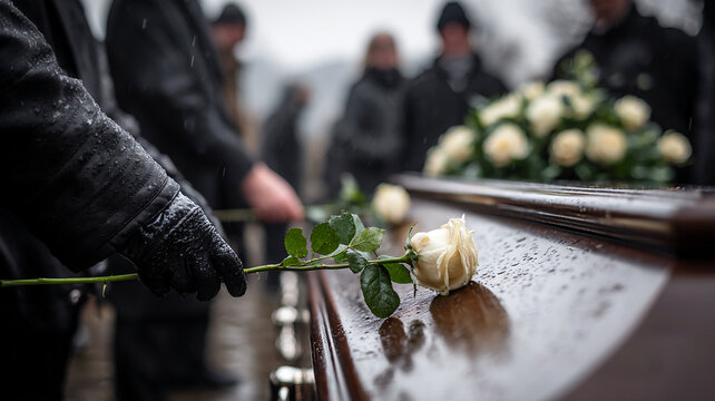 White Rose on a Coffin During a Funeral Ceremony