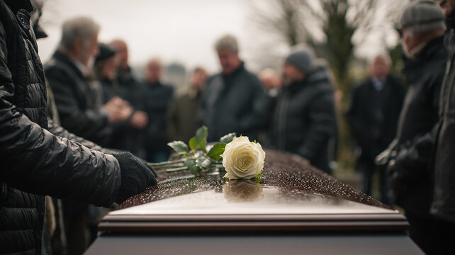 White Rose on a Coffin During a Funeral Ceremony
