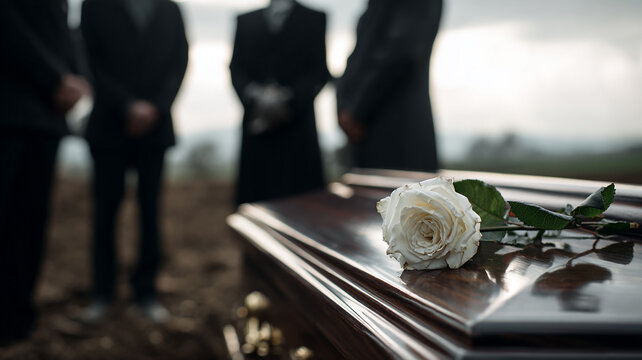 White Rose on a Coffin During a Funeral Ceremony