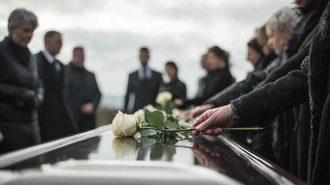 White Rose on a Coffin During a Funeral Ceremony