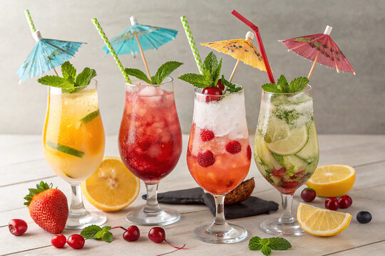 A set of four colorful and refreshing tropical drinks, each served with ice, fruit slices, and mint, perfect for summer or party vibes.