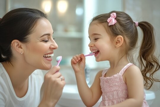 Mother and her adorable little girl joyfully brushing their teeth together each morning and night - Powered by Adobe