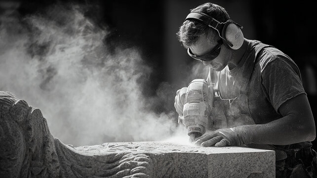 Stonemason Grinding Stone in Clouds of Dust - Black and White Photo