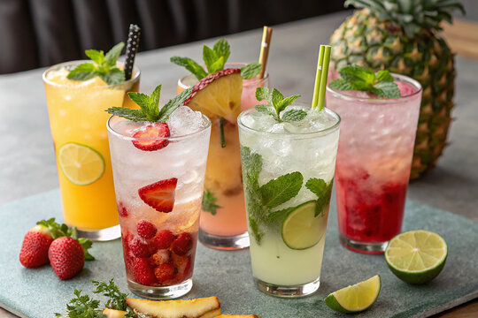 A set of four colorful and refreshing tropical drinks, each served with ice, fruit slices, and mint, perfect for summer or party vibes.