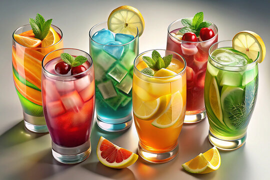 A set of four colorful and refreshing tropical drinks, each served with ice, fruit slices, and mint, perfect for summer or party vibes.