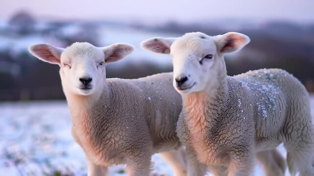 Two Lambs in a Snowy Field under a Pink Tinged Sky Wool Catching the Light of Dawn or Dusk