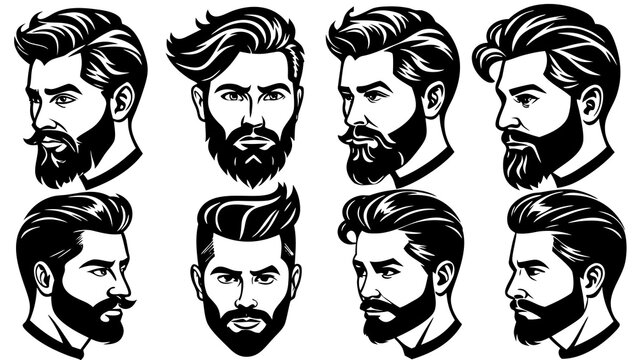 Collection of diverse bearded man portraits with stylish haircuts and moustaches