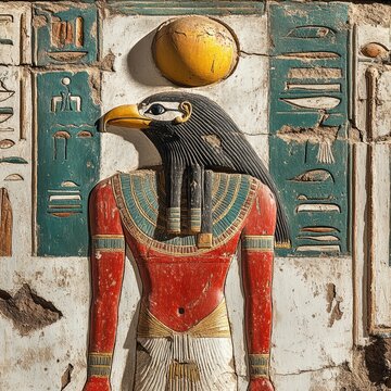 Ancient Egyptian Wall Relief Featuring Horus and Hieroglyphs Design
