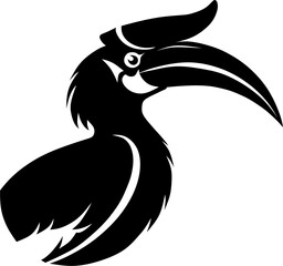 Stylized black vector silhouette of a hornbill bird with prominent beak and feather details. © ANJITSYA