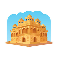 Indian Mughal Palace or Fort Architecture Vector Illustration on Blue Background
