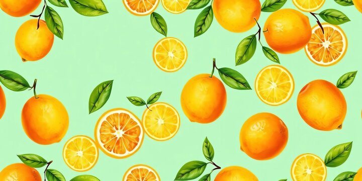 Vibrant hand-painted lemons, oranges & limes in a repeating pattern on mint green,  repeat,  food