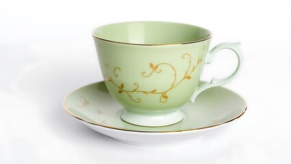 Fototapeta premium A light green teacup with gold floral design sitting on a matching saucer on a white background