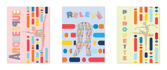 Set of Three Colorful Ballet Posters with Abstract Dancer Silhouettes © kevada