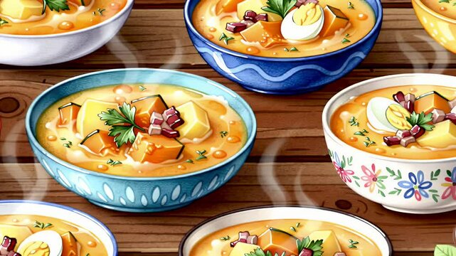 Warm Bowls of Steaming Orange Squash Soup with Bacon and Egg on Wooden Table Close Up