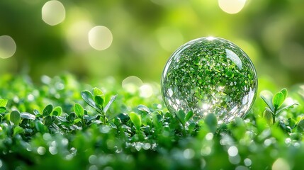 Transparent sphere reflecting vibrant greenery.
