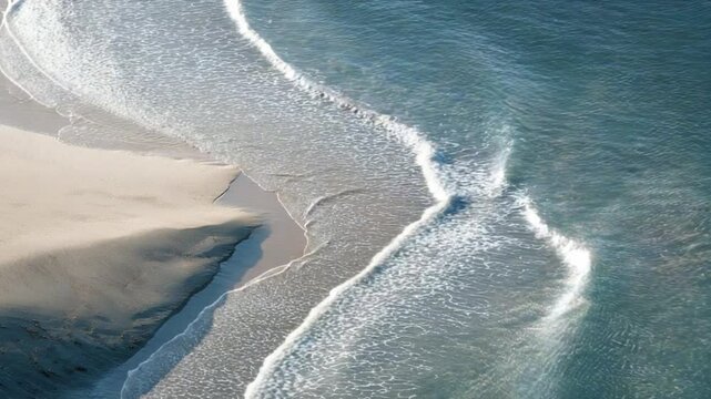 Coastal Serenity: Aerial view of the sandy beach and pristine waves crashing and ebbing along the shoreline, depicting a sense of vastness and serenity.