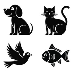 Black Silhouettes of Dog Cat Bird and Fish on White Background