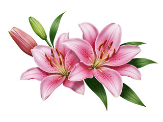 Two beautiful pink lilies with buds and green leaves isolated on transparent background
