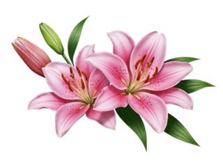 Two beautiful pink lilies with buds and green leaves isolated on transparent background