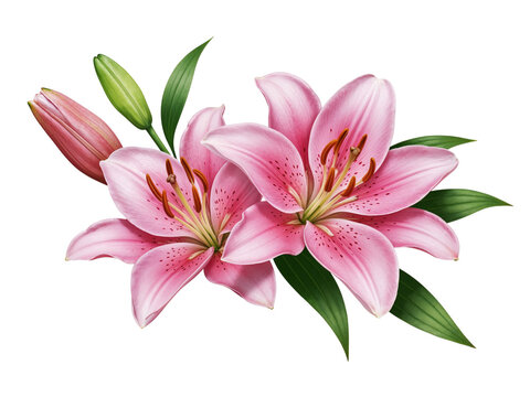 Two beautiful pink lilies with buds and green leaves isolated on transparent background