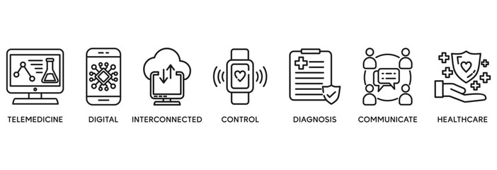 Digital health icon set vector illustration concept relate to technology in medical healthcare with icon of e-health, telemedicine, interconnected, smart watch, diagnosis, email, and medical app