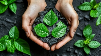 Hands holding fresh leaves over dark soil.