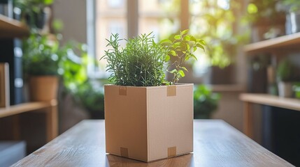 Small potted herbs in a cardboard box on a wooden table.