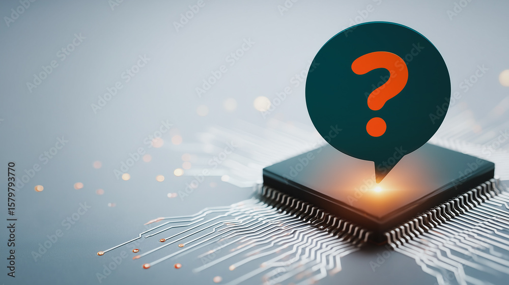 Poster technology and information: question mark floating over a microchip, symbolizing technological uncer