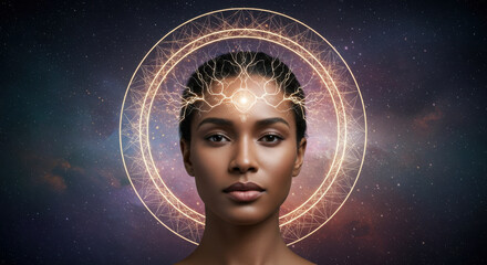 Portrait of woman with glowing neural network halo around her head like an electrified crown. symbolizing divinity through intellect, the sacred mind concepts.