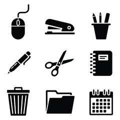 Black and White Office Supplies Icons on White Background