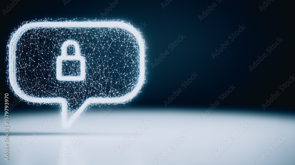 Poster secured message icon: a luminous speech bubble icon, outlined with delicate particles and an embedde