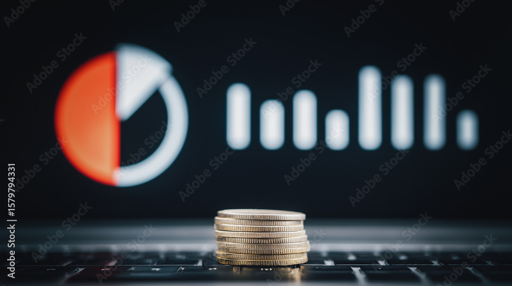 Poster stack of coins on laptop: a close-up captures a stack of coins resting on a laptop keyboard, with fi