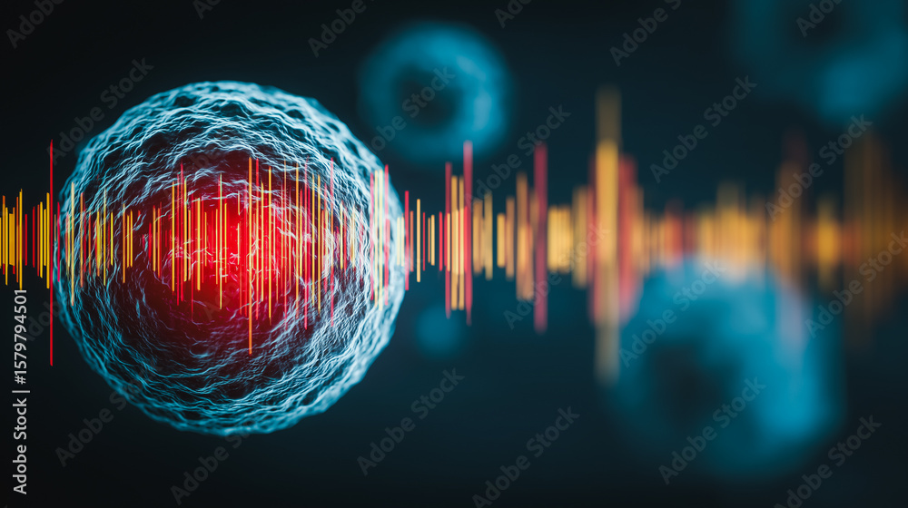 Poster cellular symphony: a high-tech image of a cell, radiating a dynamic spectrum of red light and wavefo