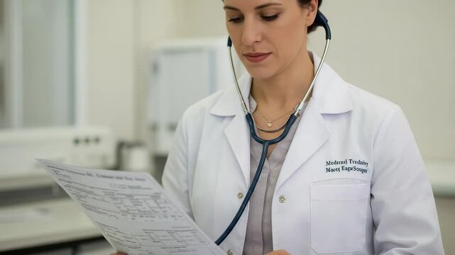 Medical Training Nancy Esp... Female doctor in a white lab coat with a stethoscope reviewing a patient's medical chart and test results in a hospital clinic.