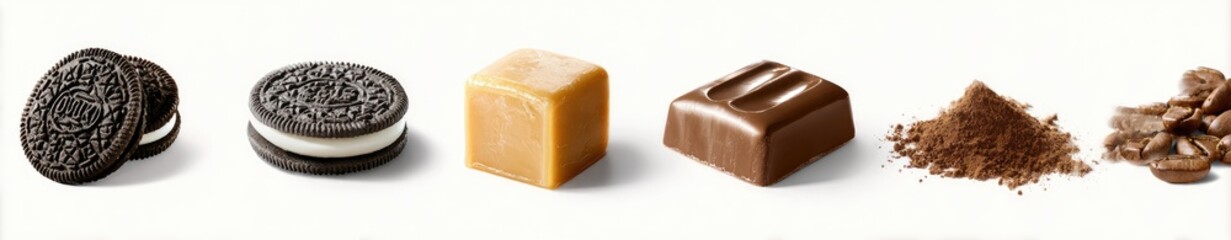 Assorted sweets and coffee beans on white background