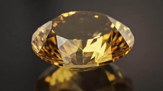 A radiant yellow gemstone with intricate facets resting on a reflective surface in soft lighting