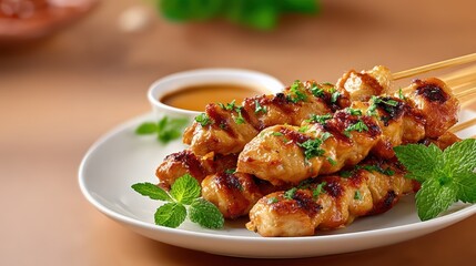Delicious Chicken Satay Skewers with Fresh Garnish and Dipping Sauce on a Plate