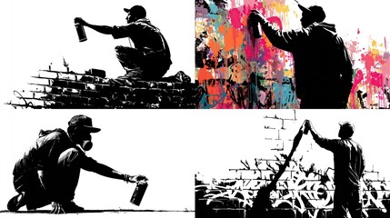 Four silhouette images of street artist doing graffiti with spray cans on urban walls