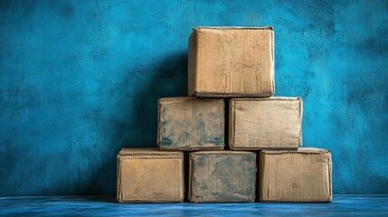 Stacked cardboard boxes against a textured blue wall.