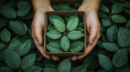 Hands holding a small box filled with fresh green leaves.