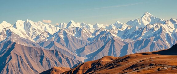 A panoramic view of snow-capped Himalayan peaks, rugged rock faces, and alpine terrain,  rocks,  serene