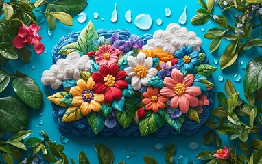 Vibrant Floral Arrangement with Embroidered Texture and Water Droplets on Blue Background