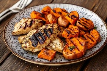 Grilled Chicken Breast and Roasted Sweet Potato Slices